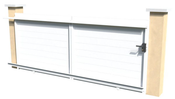 Verso du portail coulissant motorisable en pvc blanc brise-vue parfaitement occultant avec des lames imbriquées les unes aux autres