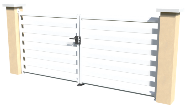 Portail battant motorisable vue de verso en pvc blanc ajouré avec un espacement de 100 mm entre chaque lames horizontales