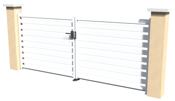 Portail battant motorisable vue de verso en pvc blanc ajouré avec un espacement de 50 mm entre chaque lames horizontales