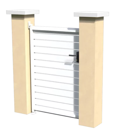 Portillon en pvc blanc ajouré vue de verso avec un espacement de 10 mm entre chaque lames horizontales