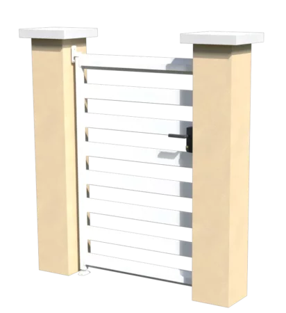 Portillon en pvc blanc vue de verso ajouré avec un espacement de 100 mm entre chaque lames horizontales