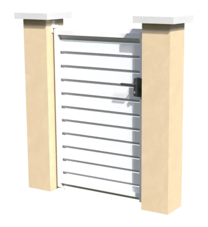 Verso du portillon en pvc blanc brise-vue au style persienne avec des lames biseautées