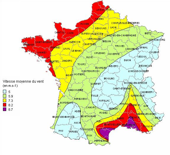 Carte de France de la force du vent