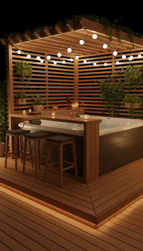 Claustra en bois pour isoler un coin jacuzzi