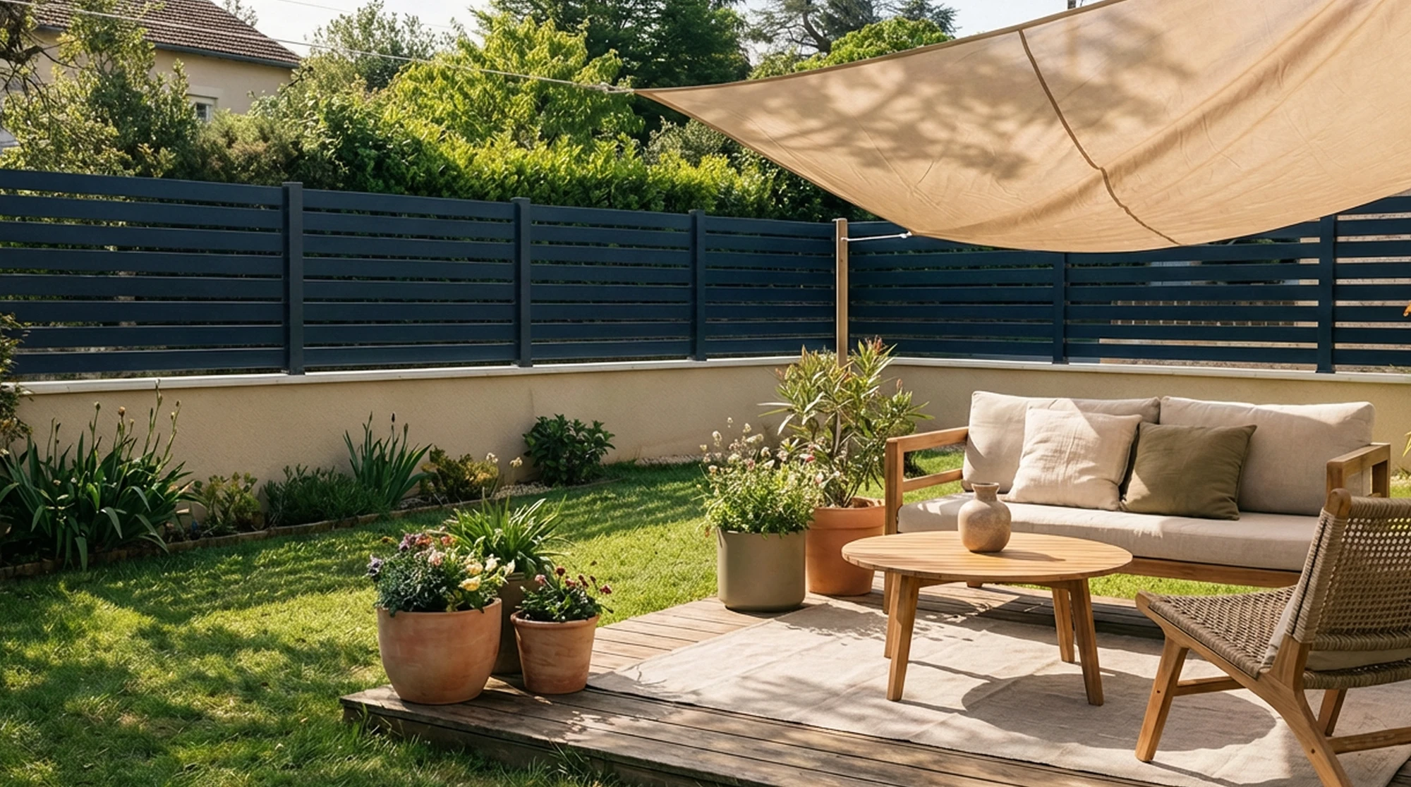 clôture en PVC gris anthracite à lames horizontales dans un jardin aménagé avec terrasse, salon d’extérieur et voile d’ombrage
