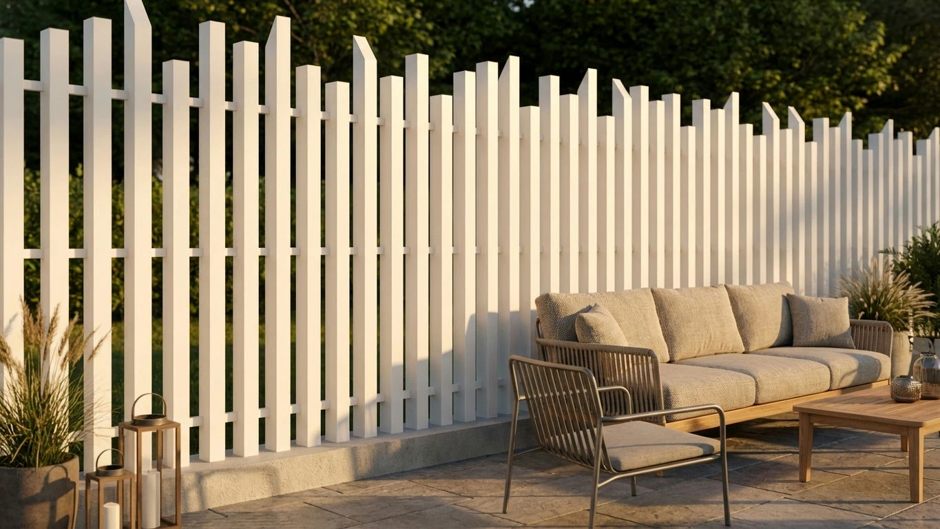 clôture moderne blanche à lames irrégulières et biseautées à côté d'un ensemble de jardin
