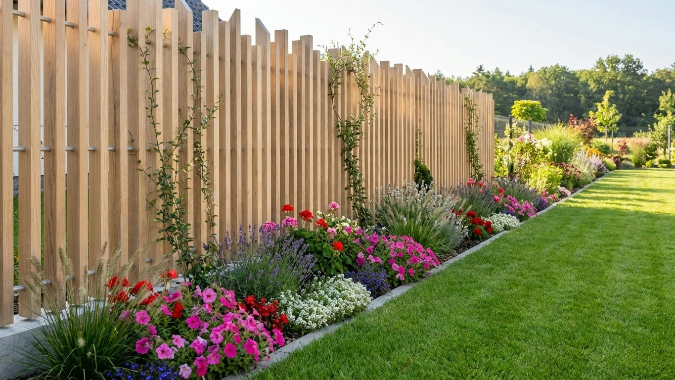 clôture effet bois à lames verticales installée sur un petit muret garni de fleurs