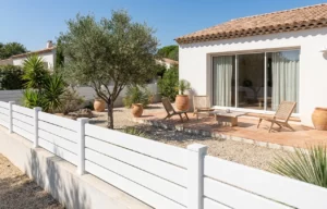 clôture ajourée blanche sur muret prés d'une terrasse ensoleillée