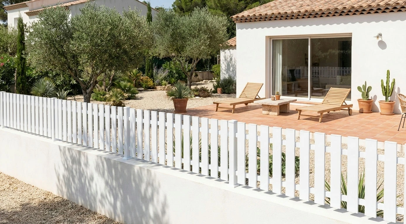 clôture à lames verticales ajourées blanche posée sur un muret enduit blanc dans un jardin de style bali