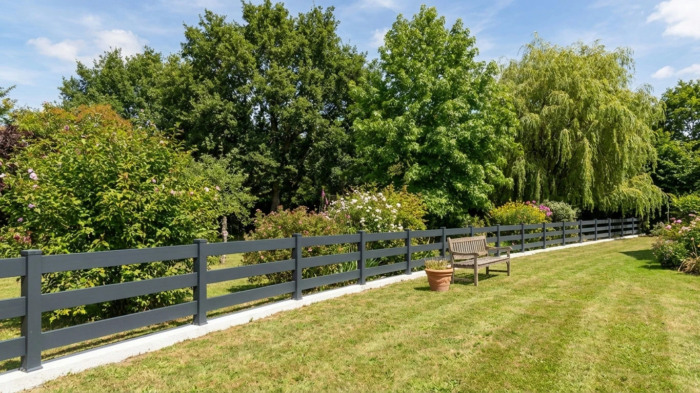clôture ajourée tendance posée sur une longrine béton dans un jardin arboré
