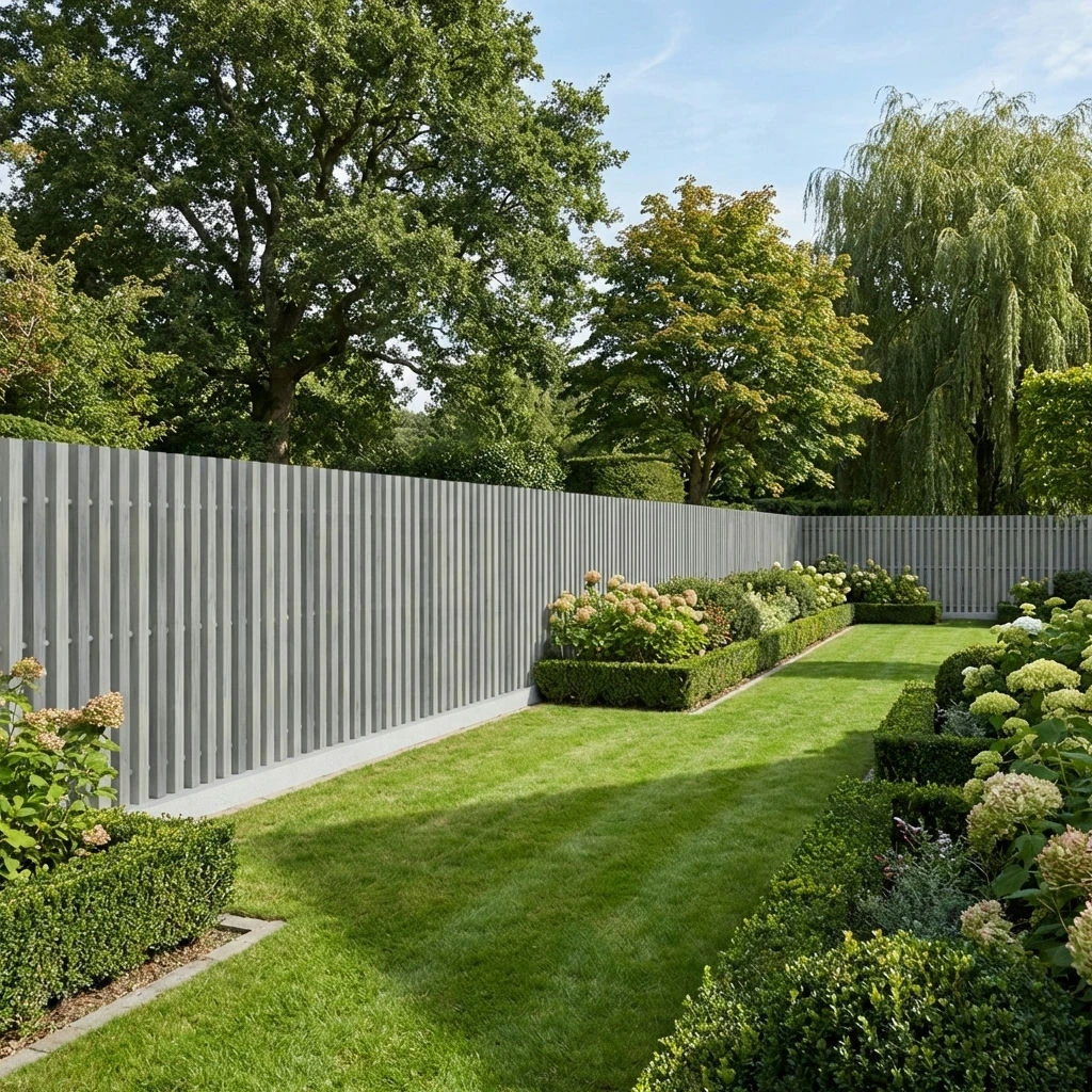 Clôture à lames verticales grise installée dans un jardin verdoyant