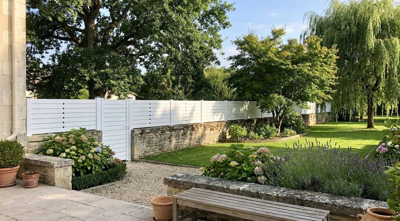 clôture brise vue posée sur un vieux muret en pierres dans le jardin d'un domaine champêtre