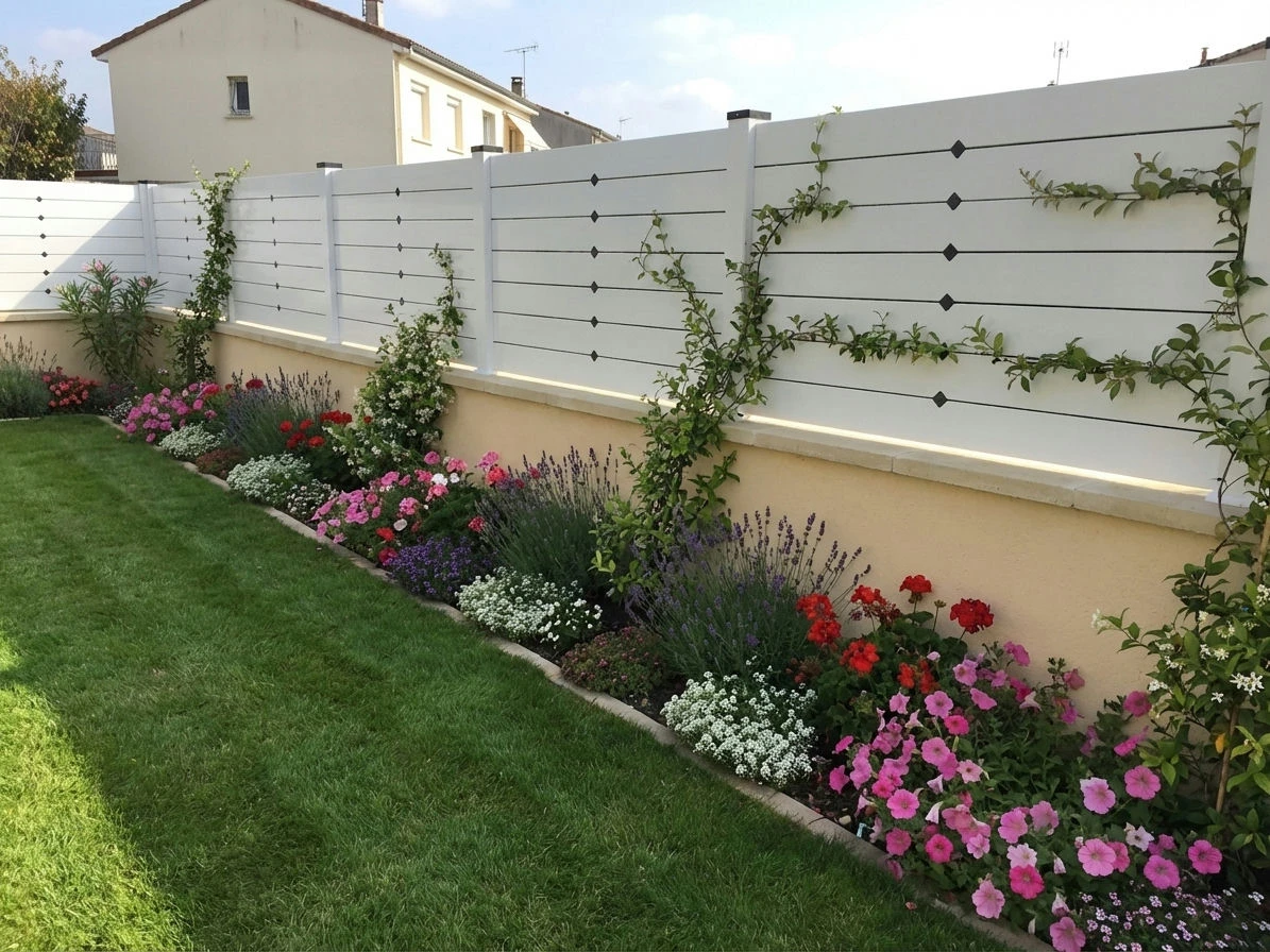 clôture occultante blanche installée sur un muret neuf crépis surmonté d'une couvertine