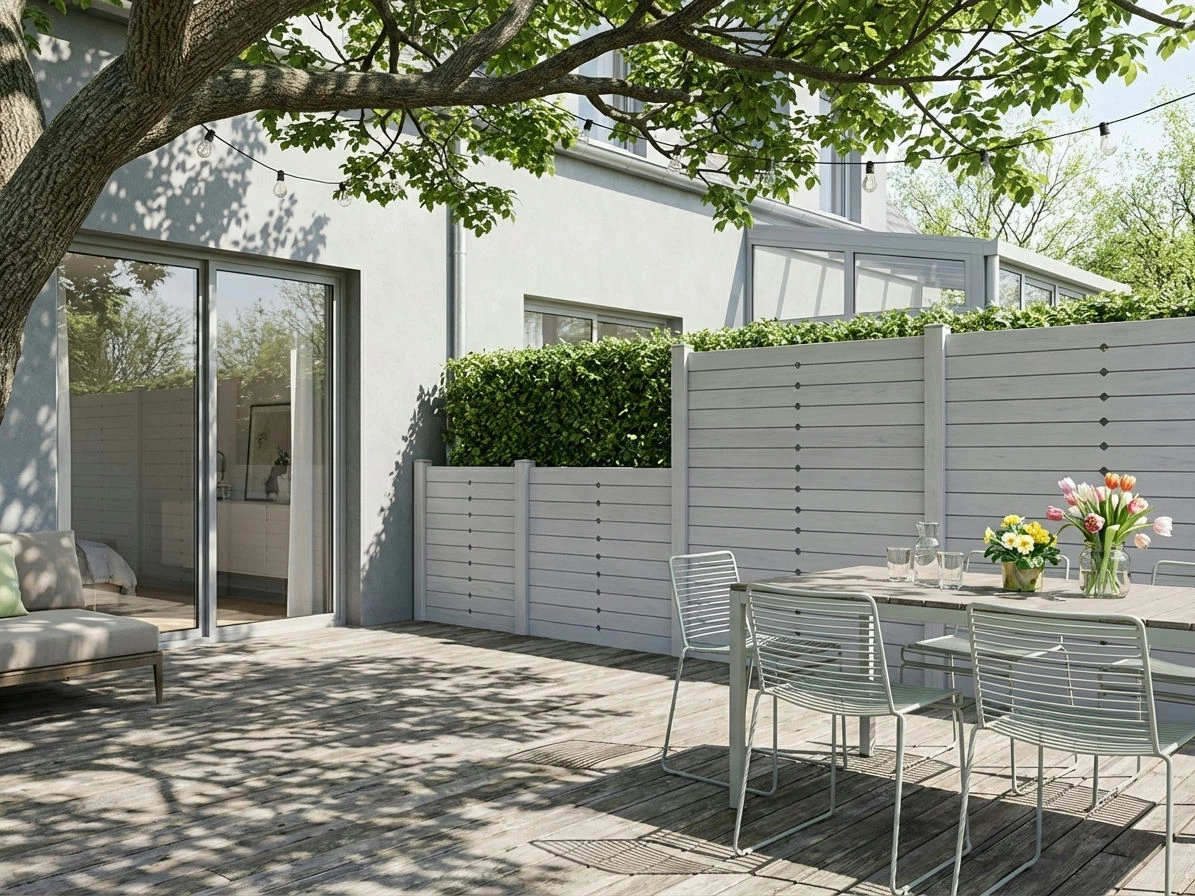 Clôture occultante décorative et personnalisable installée sur une terrasse bois