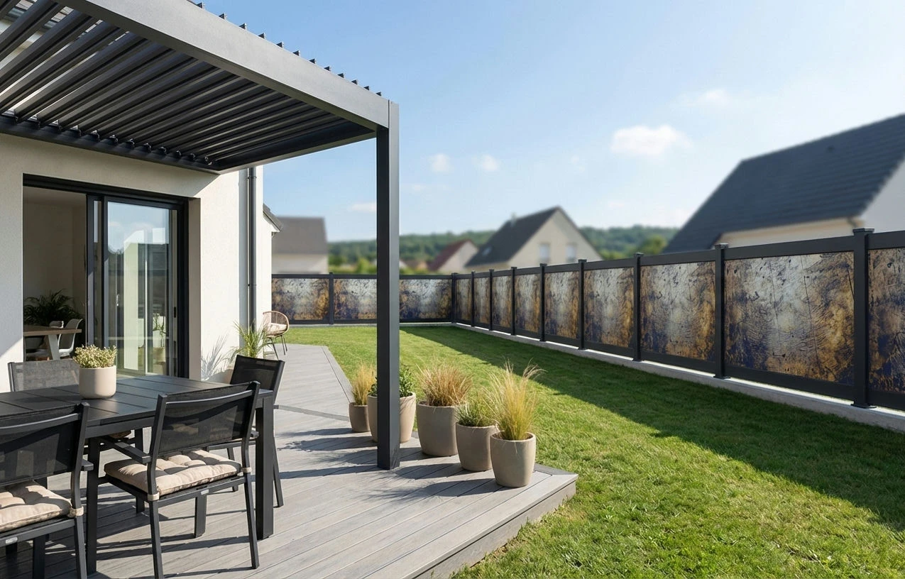 Clôture imprimée personnalisable autour d'une maison avec pergola bioclimatique