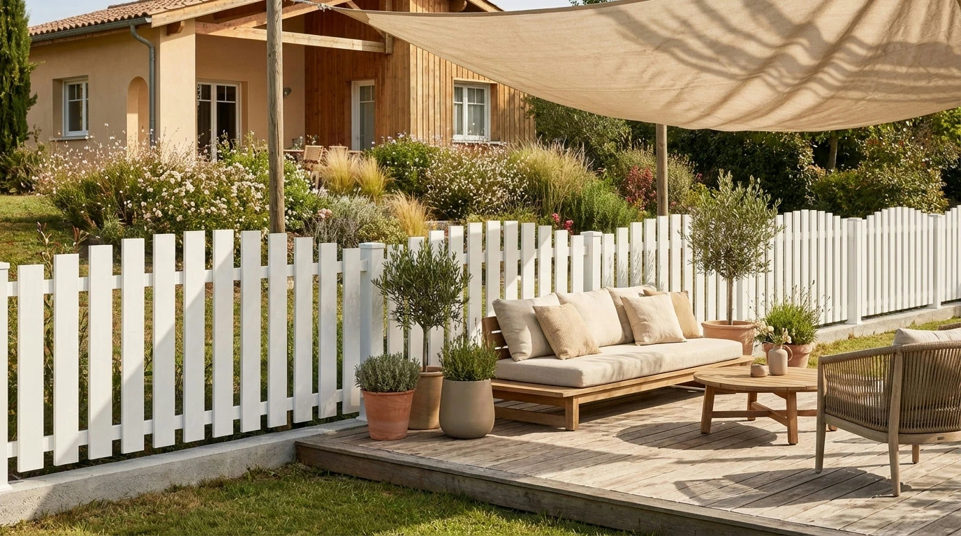 clôture barreaudée autour d'une terrasse à côté d'une résidence avec un bardage bois