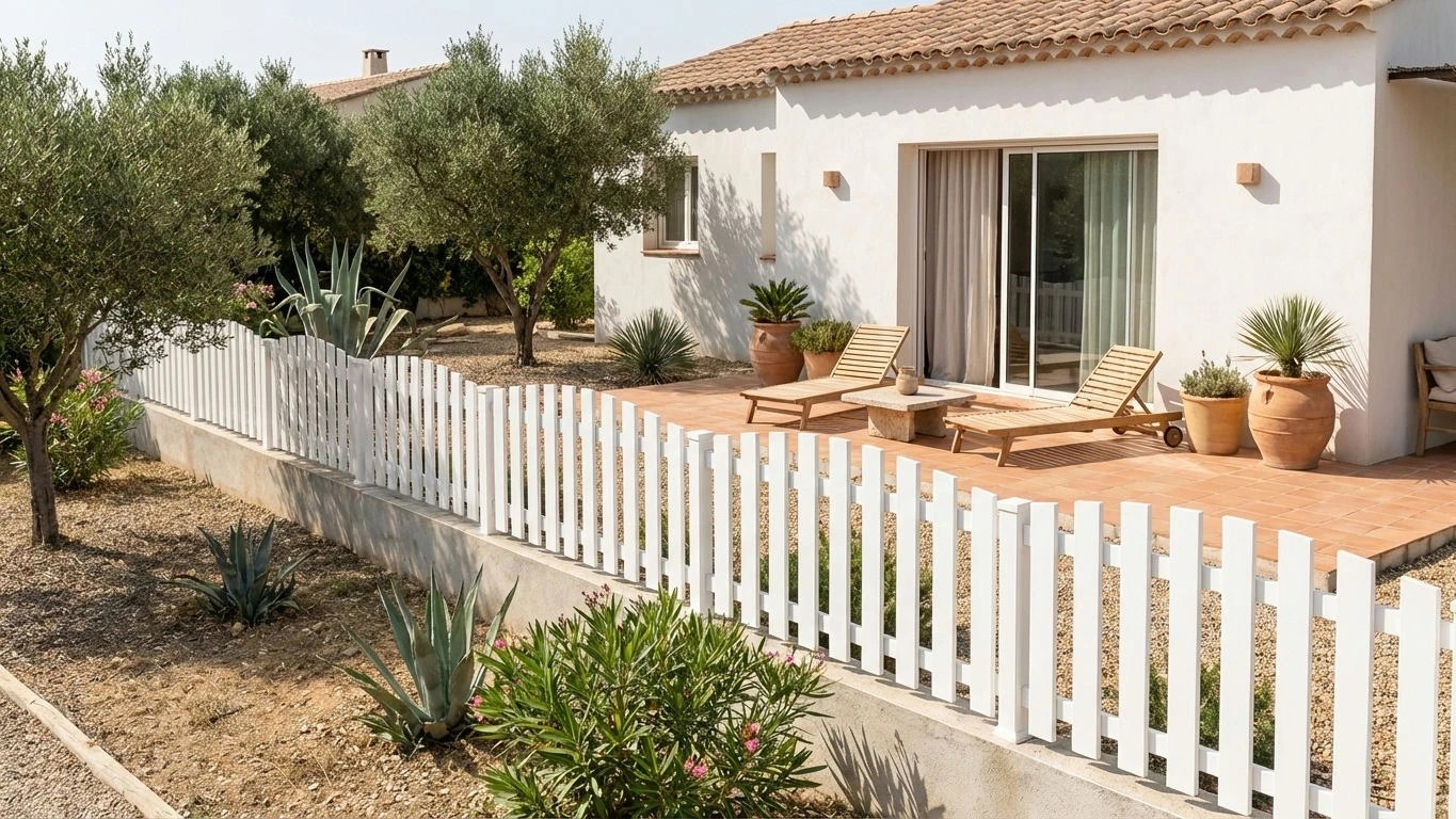 clôture champêtre à lames verticales arrondies autour d'une maison méditerrannéenne