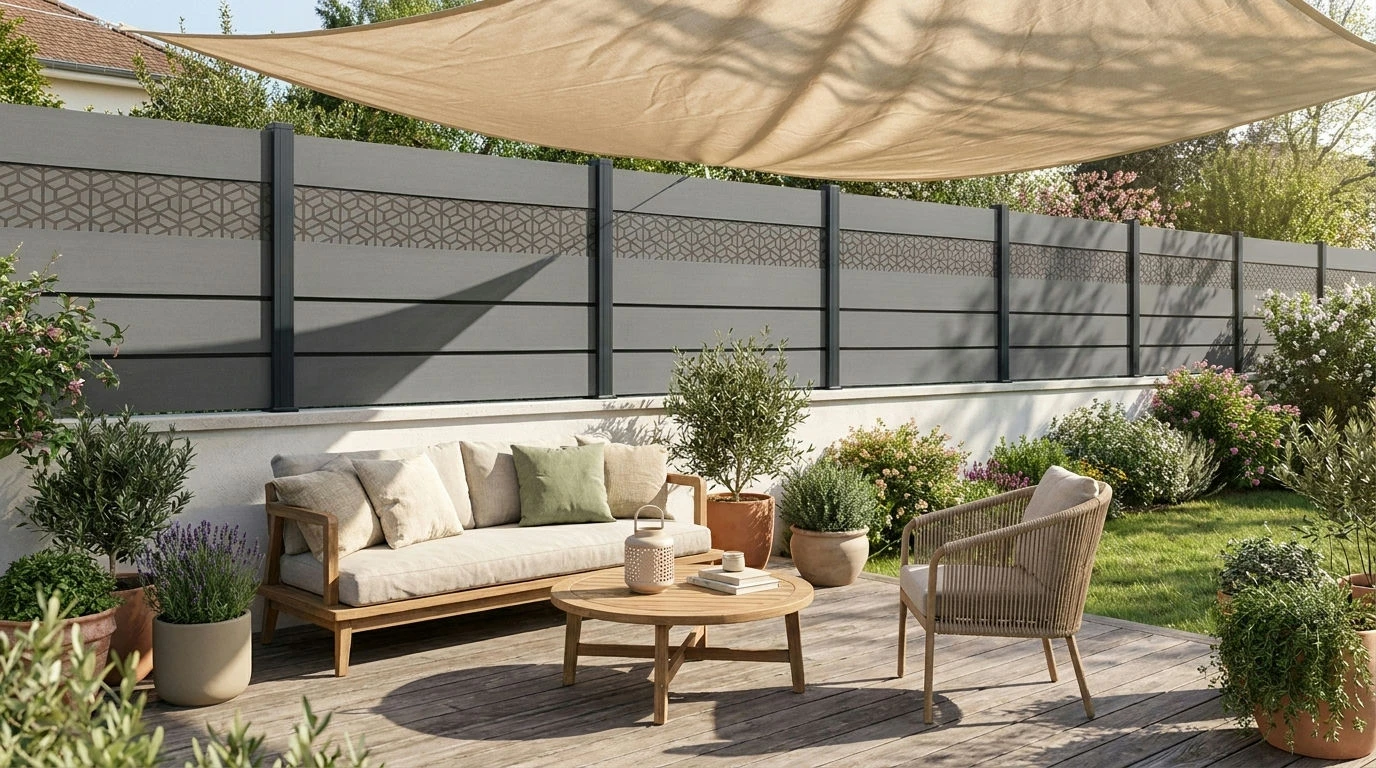 Clôture brise-vue grise autour d'une terrasse ombragée