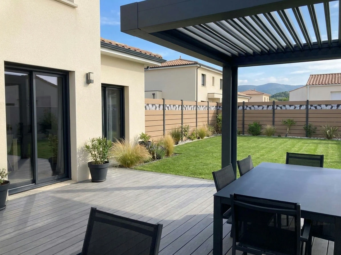 clôture composite imprimé tropical avec des inserts en aluminium installée dans un jardin prés d'une pergola bioclimatique