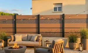 clôture brise vue imprimé dans un style guinguette autour d'un salon de jardin