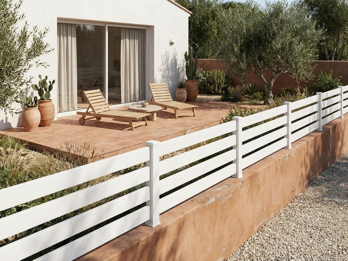 barrière ajourée installée sur un muret enduit pour délimiter un jardin