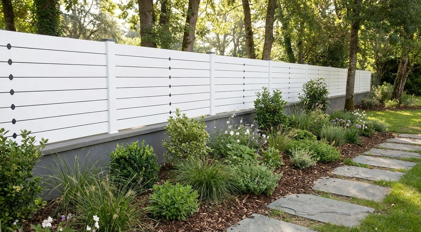 clôture brise vue décorative blanche sur un muret