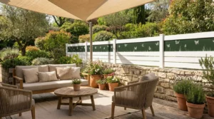 clôture blanche avec des décors papillons posée prés d'une terrasse