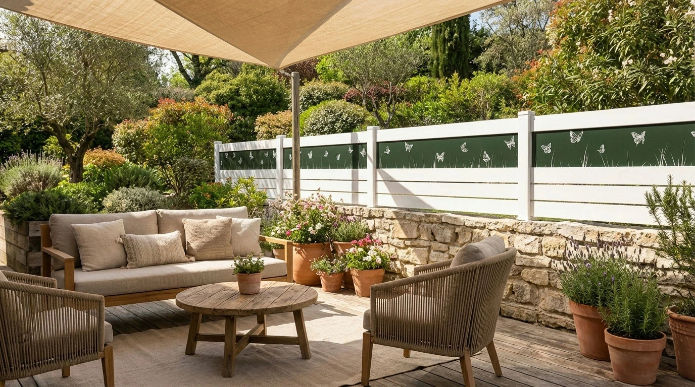 clôture blanche avec des décors papillons posée prés d'une terrasse