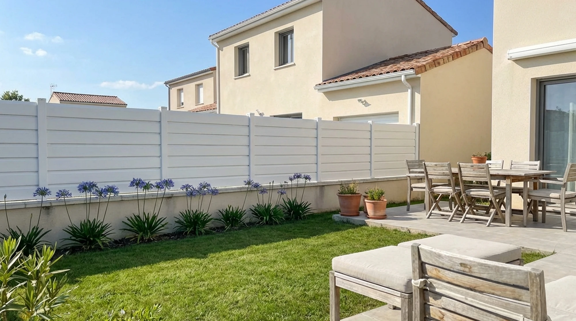 clôture blanche moderne dans un jardin de maison contemporaine avec terrasse et mobilier extérieur en bois