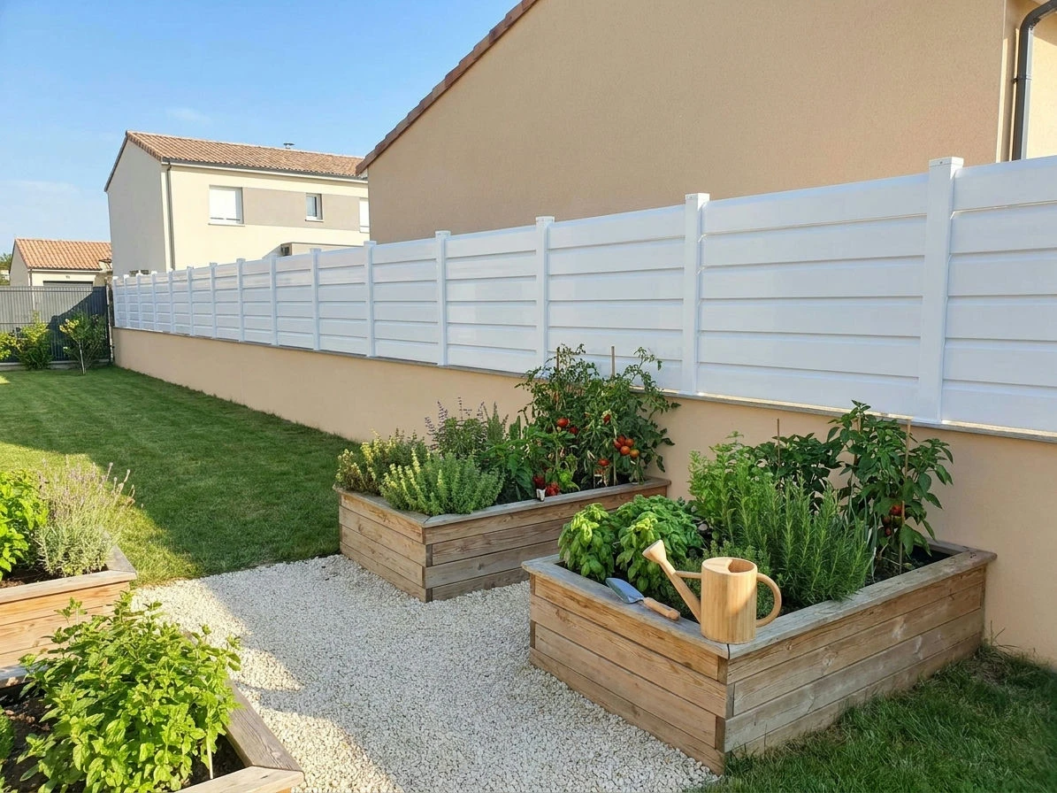 Clôture persiennée en PVC blanc sur un muret à côté du potager