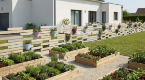 clôture décorative multicolore agrémentée de pots de fleurs colorés