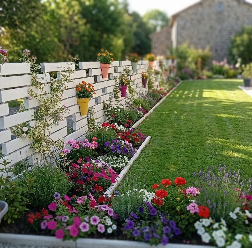 clôture personnalisée et déstructurée avec des pots de fleurs intégrés