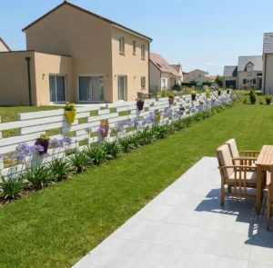 clôture en pvc blanc avec des pots de fleurs intégrés à la clôture dans un jardin