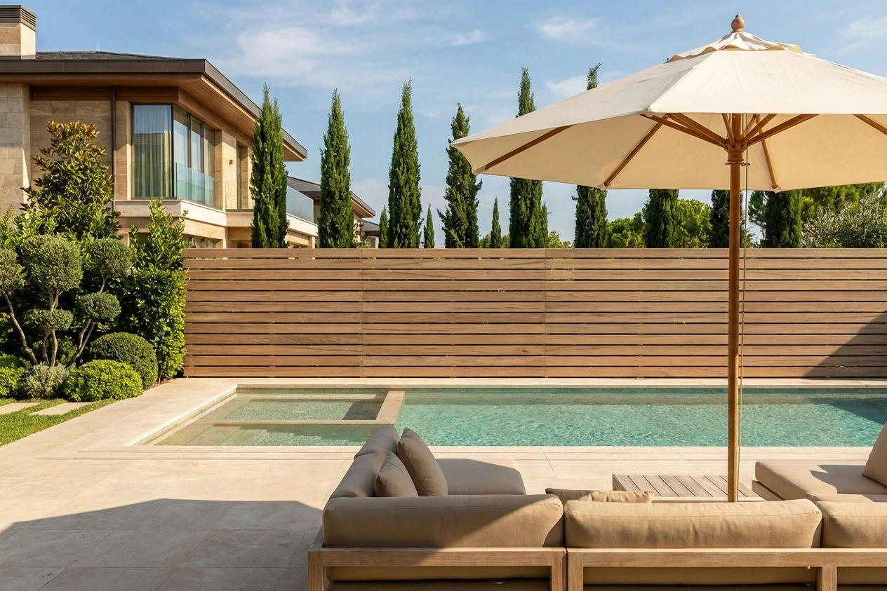 Clôture sans poteau ajourée effet bois installée prés d'une piscine dans une maison luxueuse