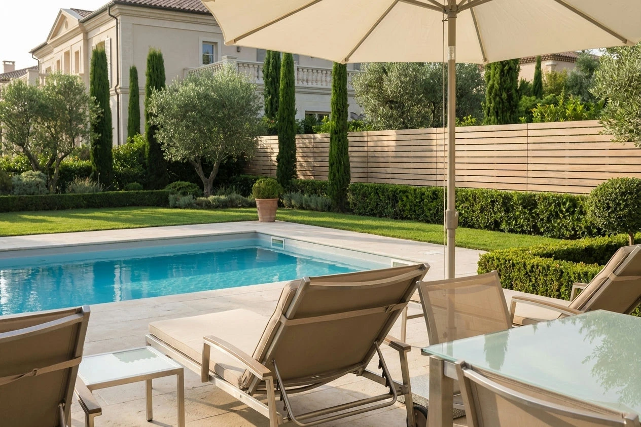 clôture imitation bois installée prés d'une piscine