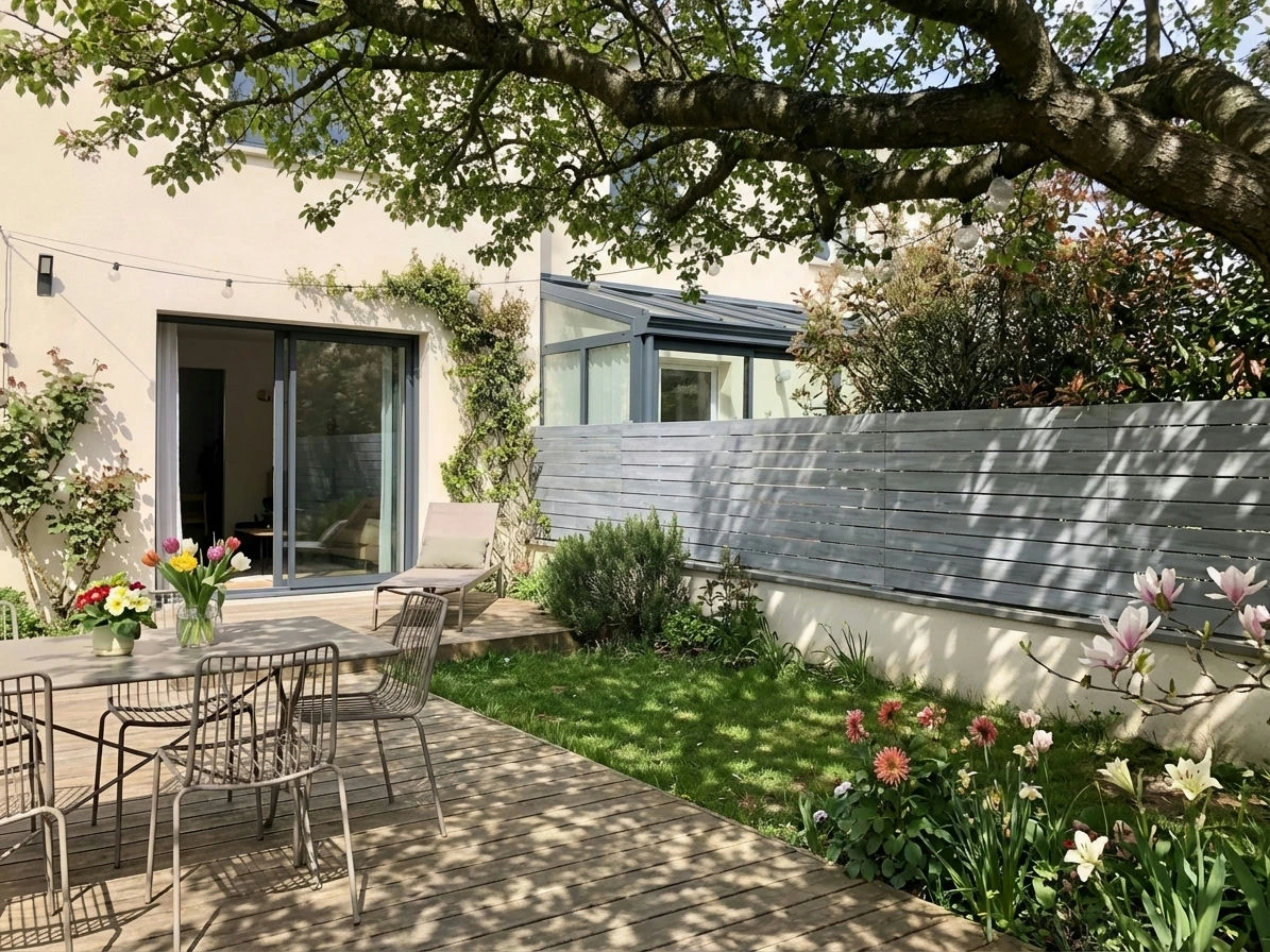 clôture grise qui délimite un jardin posée sur un muret surmonté d'une couvertine béton