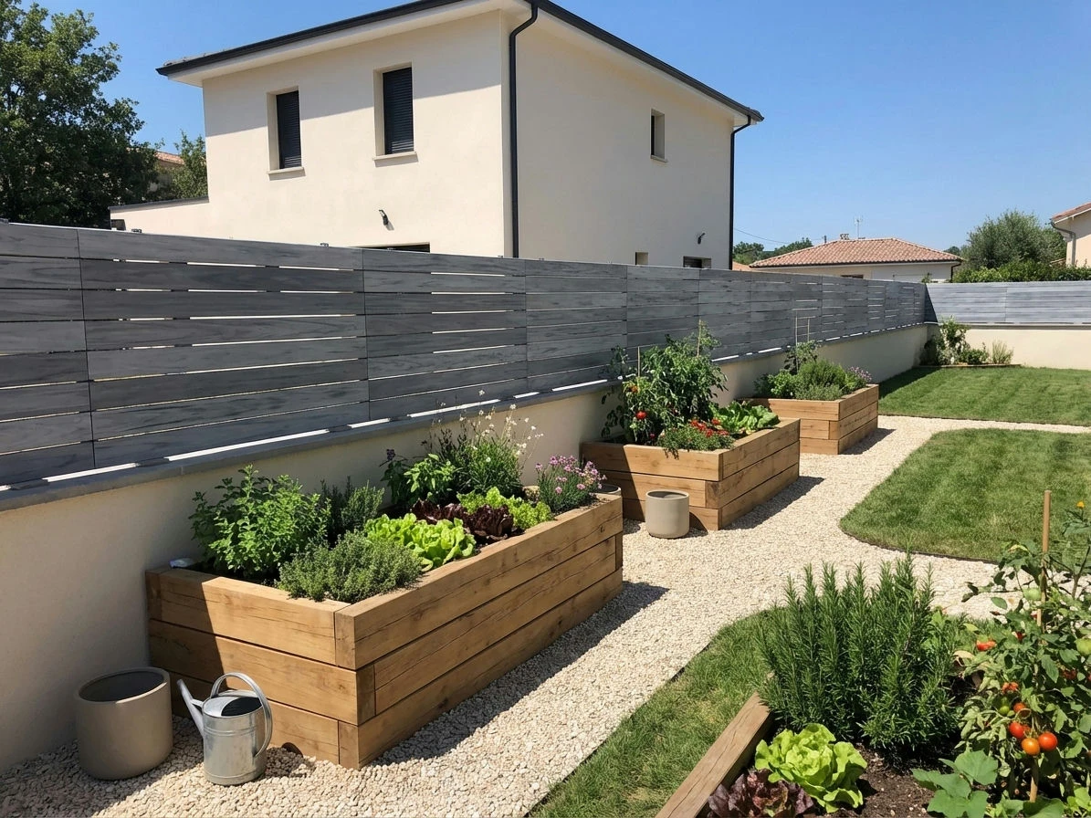 Clôture sans poteau ajourée grise installée sur un muret prés de carrés potager