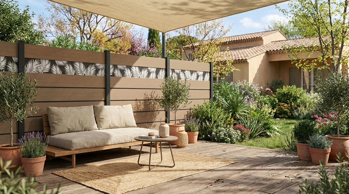 Clôture en composite sable avec liserés gris foncé installée prés d'une terrasse