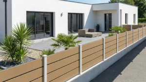 Clôture composite sable posée sur un muret avec couvertine autour d'une maison neuve