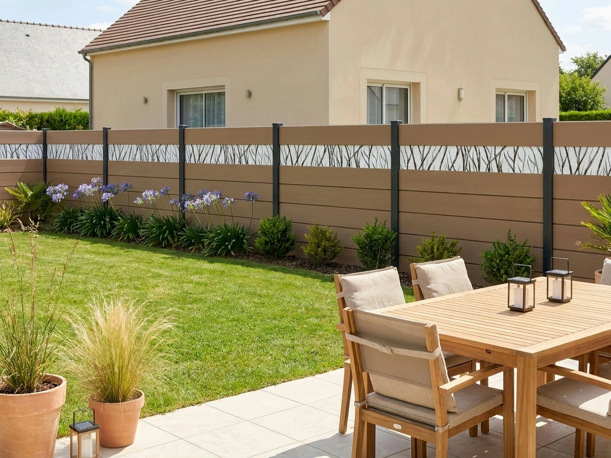 clôture pleine imprimée avec un décor branches d'arbres noir et blanc à effet fusain