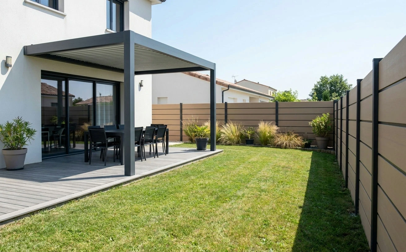 Clôture brise vue en composite autour d'une maison avec pergola
