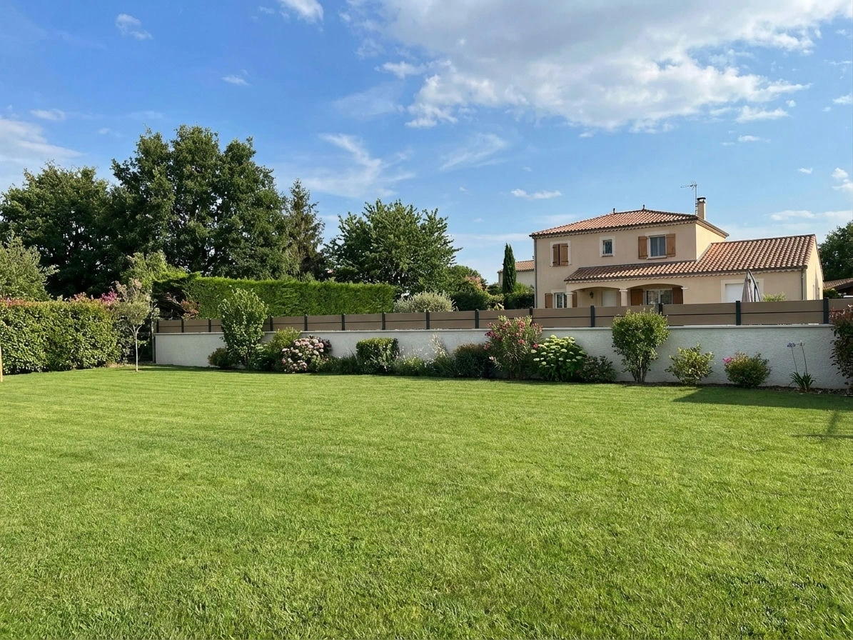 clôture en composite effet bois avec des liserés entre les lames gris anthracite posée sur un muret enduit dans un jardin résidentiel