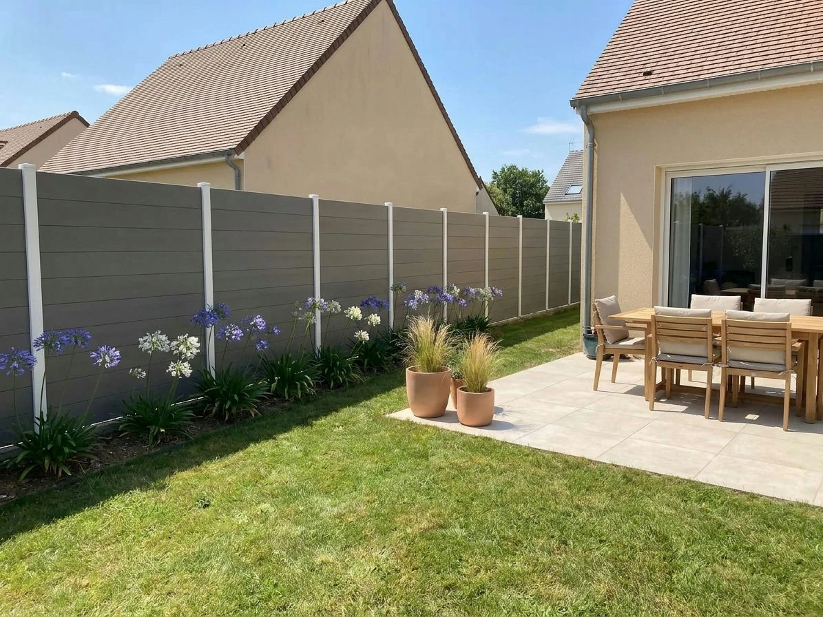 Clôture en composite à lames horizontales occultantes installée dans un jardin de maisons de lotissement