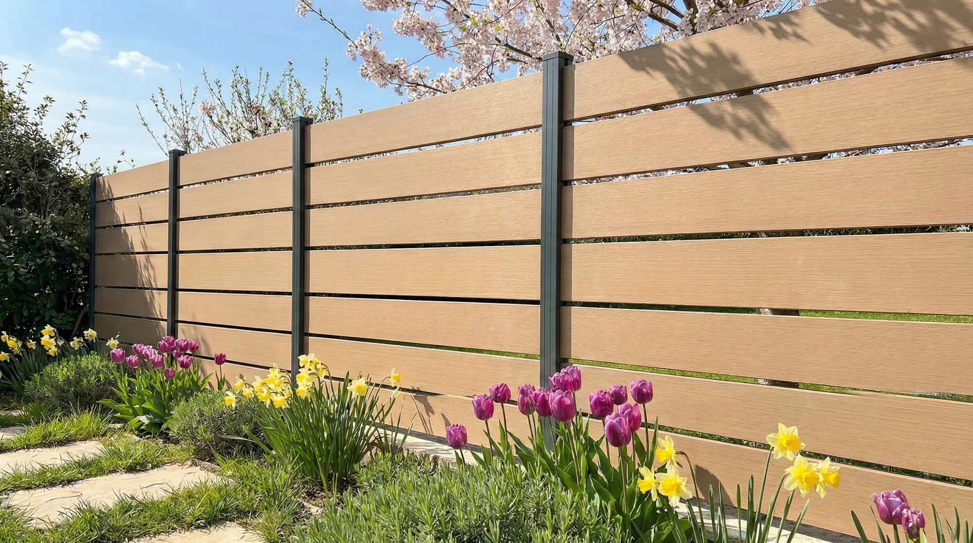 clôture imitation bois moderne avec poteaux anthracite, installée dans un jardin fleuri