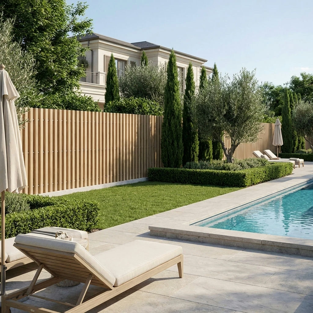 clôture haut de gamme à lames verticales effet bois installée autour d'une piscine