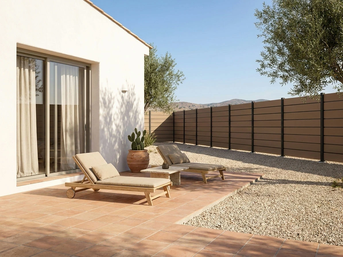 Clôture brise-vue avec liserés installée autour d'une maison individuelle sur plots béton