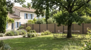 clôture en composite brise vue effet bois posée près d'une maison en pierre