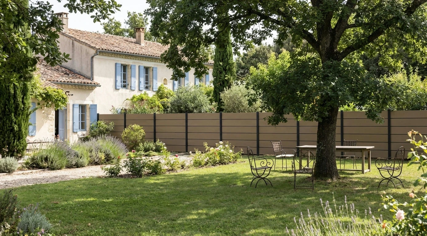 clôture en composite brise vue effet bois posée près d'une maison en pierre