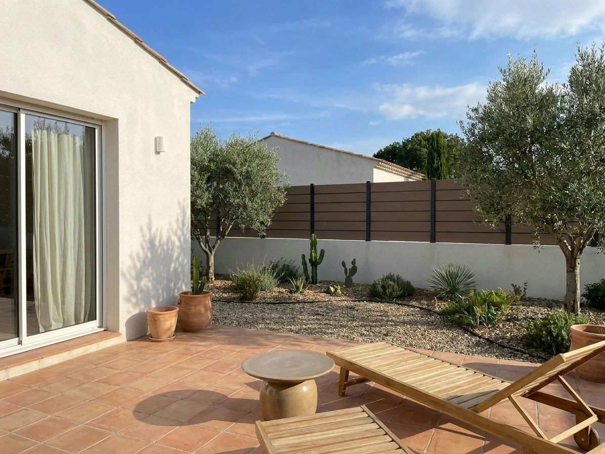 Clôture beige avec poteaux gris foncé installée sur un muret enduit