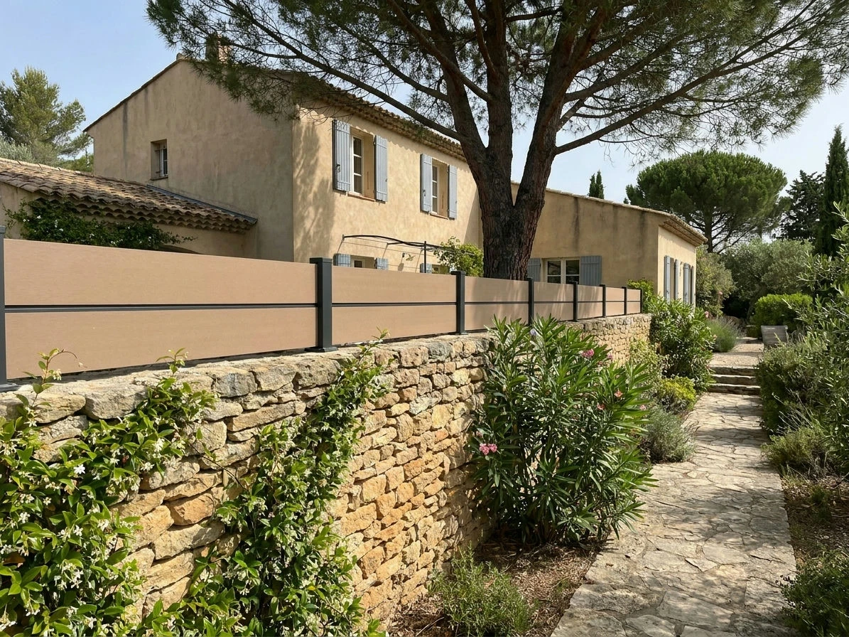 Clôture beige posée sur un muret en pierres traditionnelles